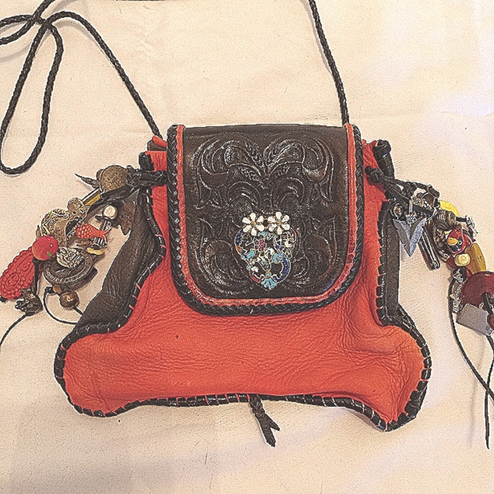 Vintage hand made red/black  leather Bag with Embossed Flap & charms accent